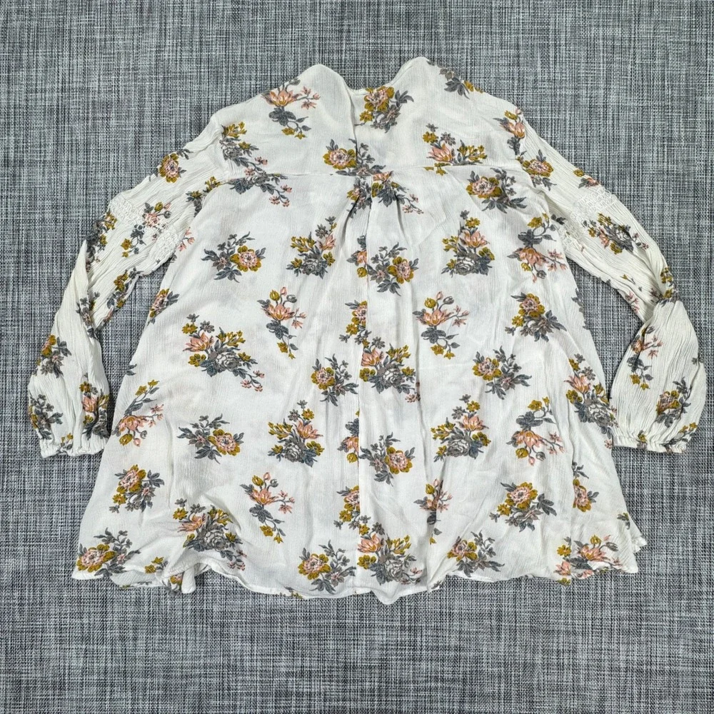 Free People Women's S White Floral Rayon Tunic Top Lace Trim Boho Cottagecore